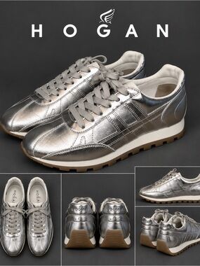 HOGAN METALLIC SILVER LEATHER SNEAKERS – SIZE 40